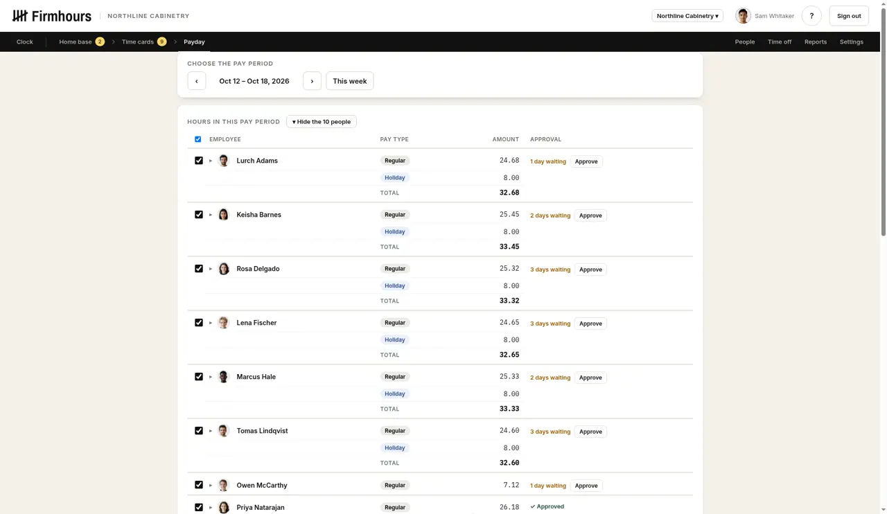 Payday on Firmhours. Regular and holiday hours with totals, each waiting for approval.