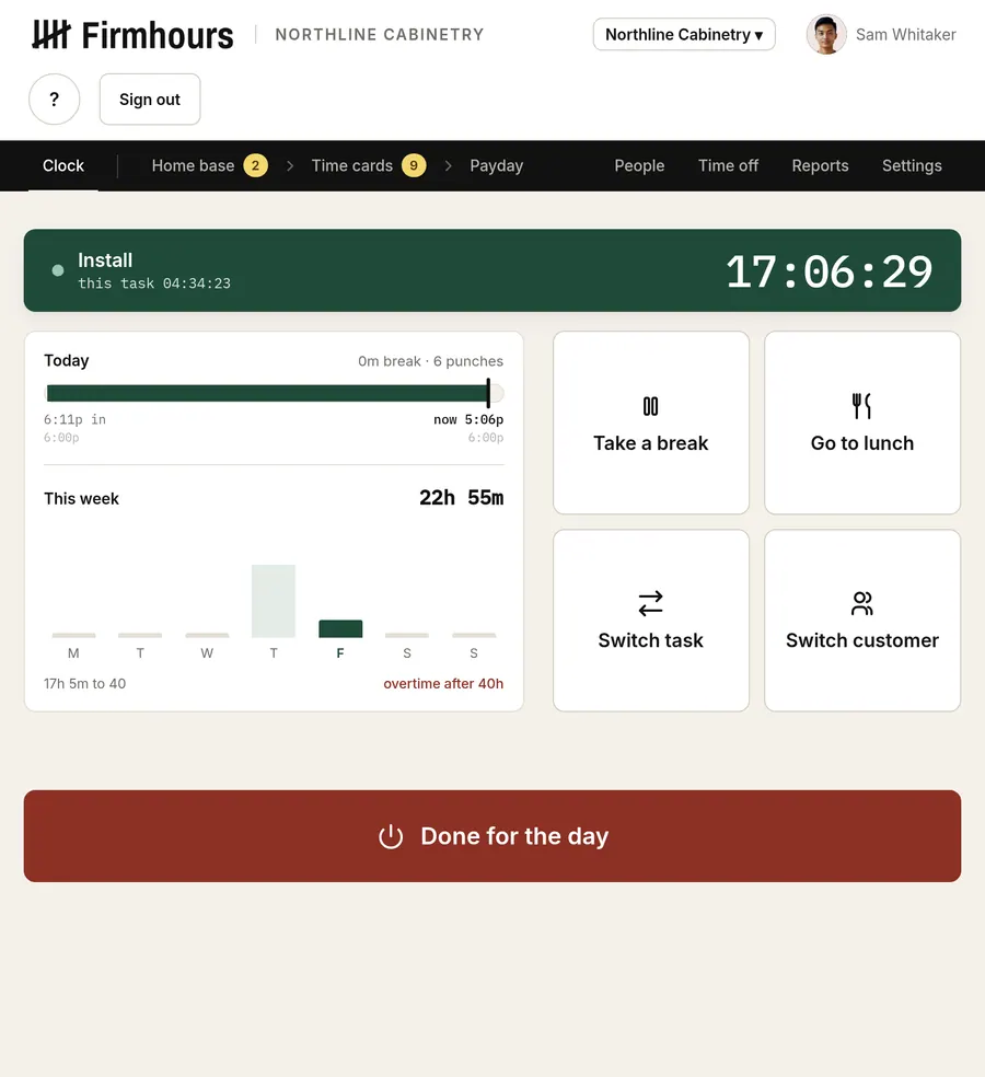 Punch clock on Firmhours. The running timer, today's hours, and Done for the day.