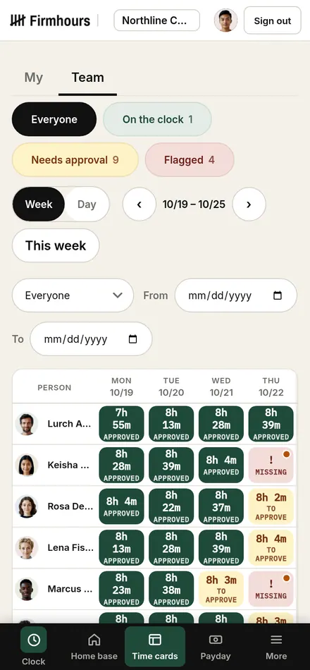 Phone time cards on Firmhours. A week of hours with a flagged day.